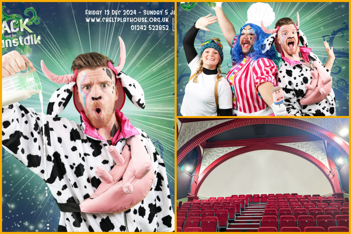 Collage of images of the cast of Jack and the Beanstalk and the Cheltenham Playhouse interior.